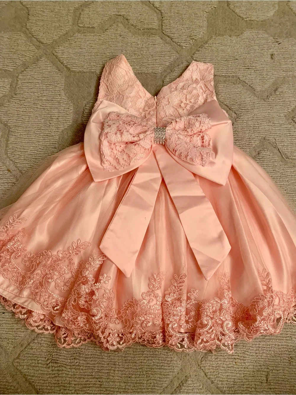Girls Peach Lace Bodice Tulle Party Dress with Bow Waist